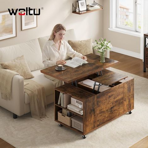 WOLTU Mesa de centro doble elevable, moderna, con cajón, espacio de almacenamiento y ruedas, para sofá de sala, marrón rústico