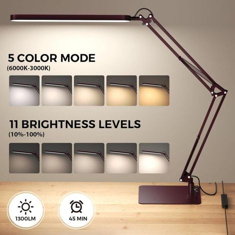 SKYLEO Lampe de Bureau - Base Ultra-Mince Et Bras Articule Reglable Lampe Bureau - Fonction Timer, Fonction De Memoire, 1300LM, 12W, Rouge (1/5)