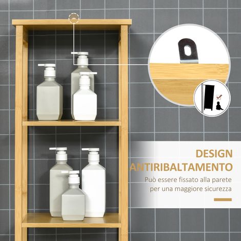 Étagère bambou salle de bain 3 étagères + 1 buffet, design à lattes, 34x30x173 cm (1/5)