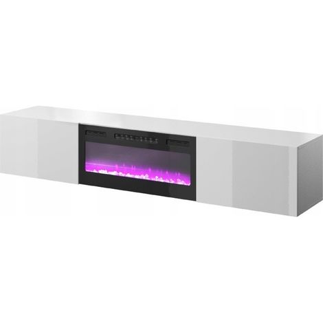 Meuble TV Blanc brillant 200x37x40cm Avec Cheminée chauffante intégrée SLIKA K à suspendre (1/4)