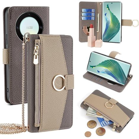 Étui à rabat Honor Magic 6 Lite 5G, portefeuille zippé avec miroir, marron