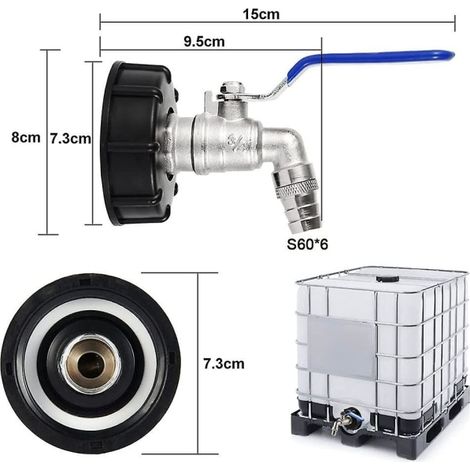 Adaptateur IBC à vanne 3/4'' S60x6, robinet à bille pour cuve, raccord de réservoir d'eau, adaptateur de citerne avec valve, compatible avec fûts IBC. (1/3)