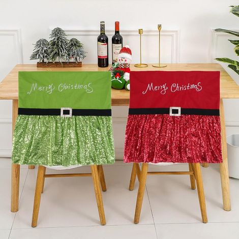 Lot de 2 housses de dossier de chaise brodées « Joyeux Noël » - Housses de chaise classiques à sequins rouges et verts pour les fêtes de Noël, la salle à manger, la cuisine, les mariages et la décorat (1/5)