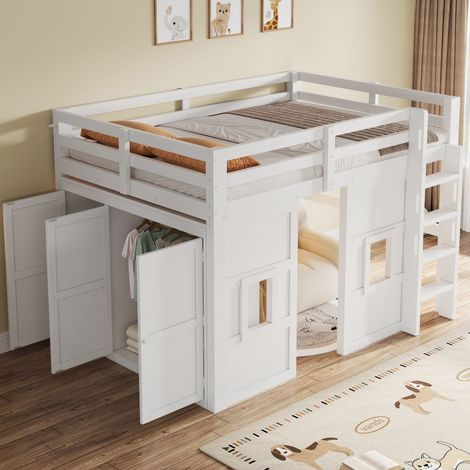Lit mezzanine 140x200 cm avec grande armoire et 2 fenêtres, lit enfant avec éclairage LED et garde-corps, structure en pin massif et MDF, blanc