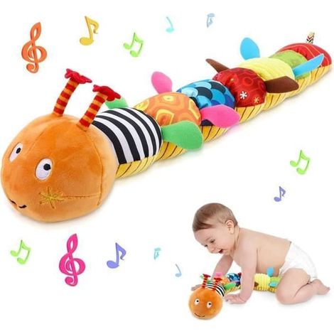 Peluche musicale pour bébé, peluche avec hochet chenille, cadeau de Noël pour garçons et filles de 3 à 18 mois (orange) (1/4)