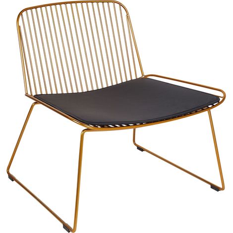 Sedia d'accento in metallo senza braccioli con schienale in filo metallico e cuscinetto in ecopelle Oro Snorum