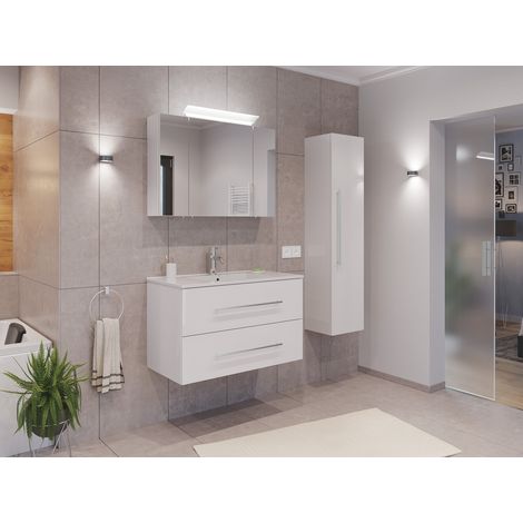 Badmöbel Set Firenze 90 3tlg. Spiegelschrank und Hochschrank weiß hochglanz