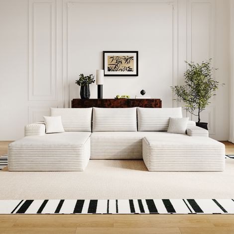 Canapé Convertible 4 places en velours côtelé blanc, Canapé d'Angle Moderne ouverture express avec chaiselongue L, module modulaire, assise profonde, montage non requis, sans armature (1/5)