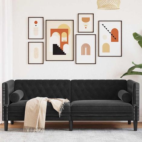 Canapé Chesterfield 3 places en velours noir avec 2 traversins - PANGIVO (1/5)