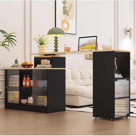 Mesa bar extensible negra en MDF y vidrio con almacenamiento giratorio (1/5)