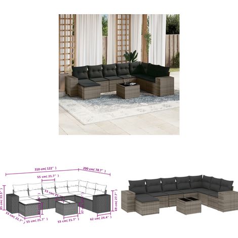 Salon de jardin 9 pcs avec coussins gris résine tressée - Ensemble Salon De Jardin - Meuble De Jardin - Résine Tressée - Rotin Synthétique - Mobilier D'extérieur - Home & Living (1/3)