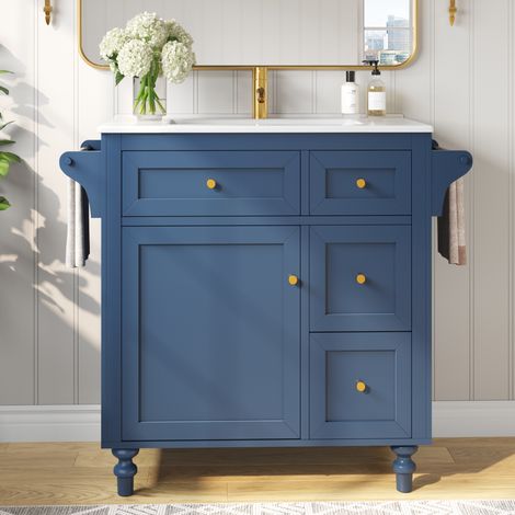 Meuble vasque salle de bain 86 cm avec lavabo en céramique, tiroirs coulissants et porte-serviettes intégré
