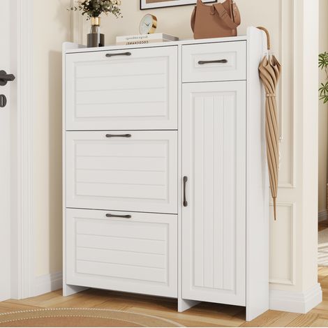 Scarpiera 92x24x121 cm con 3 ante a ribalta, 1 cassetto, 1 anta e ripiani regolabili, in MDF bianco (1/5)