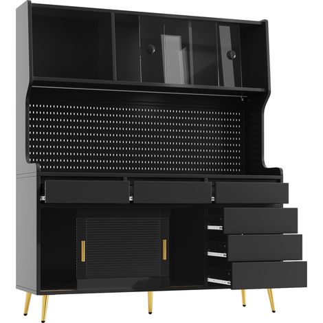 Meuble colonne moderne avec éclairage LED et commande via application, meuble de cuisine ou de salle à manger avec tiroir, buffet avec étagère de rangement et panneau perforé, 145x39x171 cm, noir (1/5)