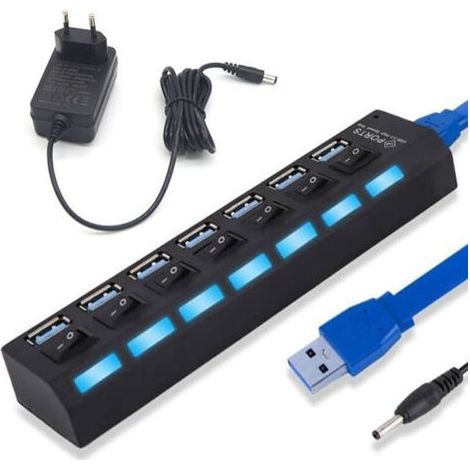 Hub USB 3.0 à 7 ports : répartiteur USB 3.0 avec interrupteur d'alimentation à LED pour ordinateur portable, disque dur mobile, PC et autres appareils USB (bloc d'alimentation USB et UE)