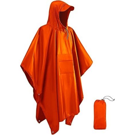 ABYSSE-Imperméable pour adultes - Imperméable réutilisable - 1 pièce - Imperméable et léger - Idéal pour la randonnée, le camping, le vélo et les voyages - Imperméable 3 en 1 - Orange (1/5)