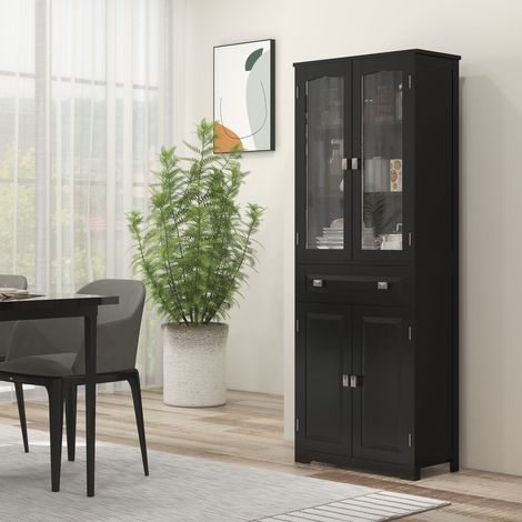 Hoher Küchenschrank mit 4 Türen (2 Glastüren und 1 Schublade), 160 cm hoch, mit schwarzen Holzregalen
