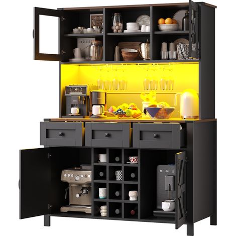 Armoire haute de cuisine avec ports USB et prises, meuble latéral à 4 portes et 3 tiroirs, buffet avec bande lumineuse LED, meuble de cuisine, meuble de rangement, buffet, noir, 120×40×170cm