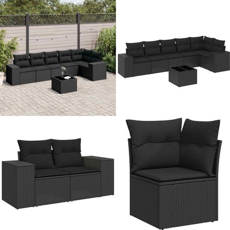 Salon de jardin 7 pcs avec coussins noir résine tressée - Ensemble Salon De Jardin - Meuble De Jardin - Jardin Design - Mobilier Exterieur - Chaise Lounge - Home & Living (1/5)