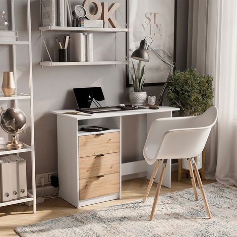 Bureau Meiko, Blanc/Artisan, 105x50cm avec tiroirs, Vicco