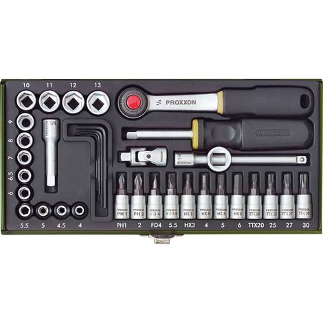 Proxxon – Coffret cliquet et douilles 1/4" (6,3 mm) 36 pièces – Acier chrome-vanadium – Cliquet réversible 52 dents – Boîtier en acier résistant (1/7)