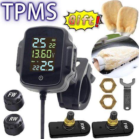 Sistema de alarma de monitoreo de presión de neumáticos (TPMS) inalámbrico con pantalla LCD para motocicletas, con 2 sensores y pantalla LCD. (1/5)