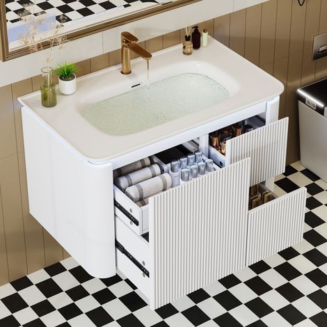 Mobile sospeso sotto lavabo con LED a sensore, 4 cassetti, in bianco, 80,5x47,5x51 cm (1/5)