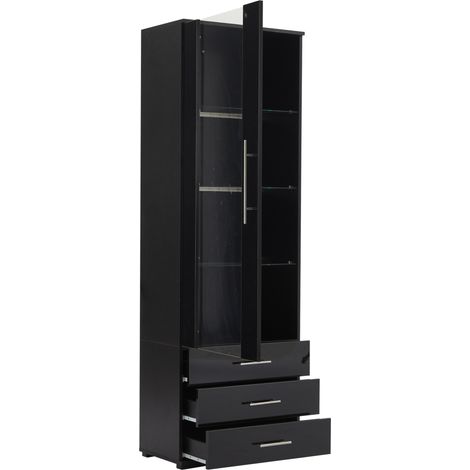 Vetrina alta nera lucida in MDF 60 x 35 x 180 cm con illuminazione LED e 3 cassetti (1/5)