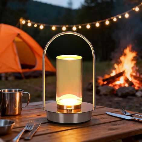 Lampe de table de lanterne en cristal portable extérieure intérieure, petite lampe de bureau LED sans fil 4000mAh rechargeable, lampe de douche imperméable 3 couleurs Dimmable, argenté