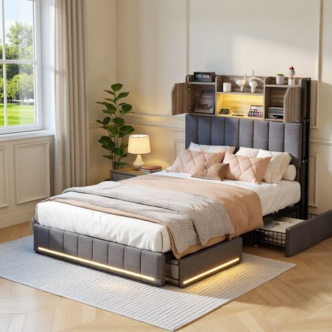 Polsterbett 90x200 cm, Einzelbett mit LED und USB-Ladestation, Modernes Jugendbett mit Stauraum, Bettgestell mit Kopfteil und Lattenrost, Leinen Grau, Ohne Matratze