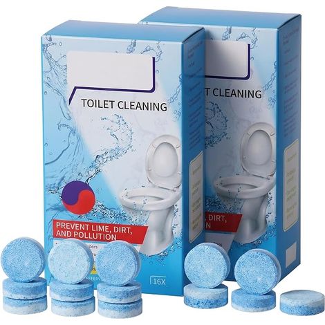 32 Toilet Cleaning Tablets, Blue Water Toilet Block for Water Flush Tanks, Powerful Descaler Anti-Limescale and Anti-Urine, Automatic Deep Cleaning, Fresh Scent, 2 Boxes of 16 Pieces (1/5)