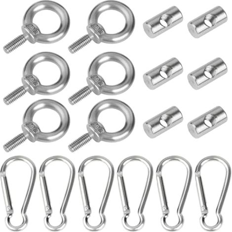 Butées de rail pour store, 6 pièces en acier inoxydable 6 mm avec 6 mousquetons, kit polyvalent de crochets et anneaux de levage M4 pour caravane, camping-car et fourgon aménagé. (1/4)