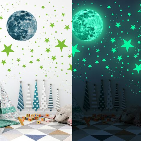 Autocollants muraux 3D phosphorescents lune et points, déco murale fluorescente pour chambre enfant, crèche, plafond (1/5)