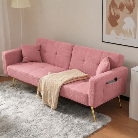 Canapé convertible 2 places 175x64x72 cm, canapé-lit inclinable 105-180°, 2 coussins, poches latérales, tissu sherpa rose, pieds dorés (1/5)