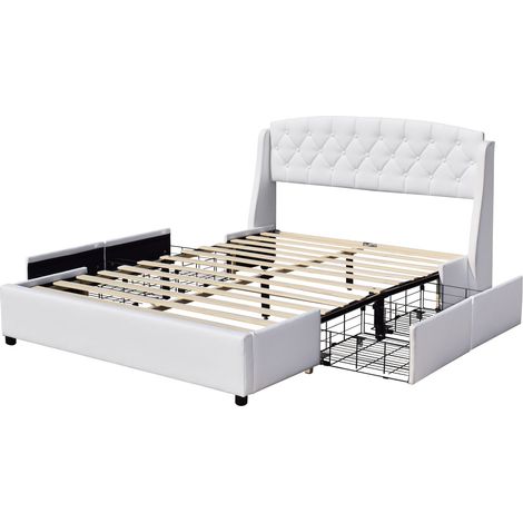 Iris - Solide et Confortable Lit 140x200 avec Sommier avec 4 tiroirs + Tete de lit Couleur Blanc + Pieds en 4 cm - 13 Lattes - revetement PVC Simili Facile d'entretien - Montage Rapide et Facile (1/5)