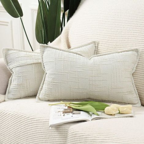 Housses de coussin décoratives en chenille 30 x 50 cm, blanc crème, doux et neutre, lot de 2, style bohème, décoration d'intérieur moderne pour chambre à coucher, salon (1/4)