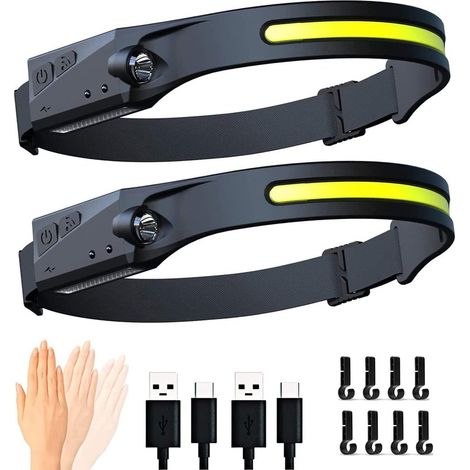 MINKUROW 2x Wiederaufladbare Led Stirnlampe 230° Frontlicht mit Bewegungssensor, Wetterfest, Stirnlampe mit Helmclips Taschenlampe für Camping, Wandern, Laufen, Outdoor - Erwachsene und Kinder (1/5)