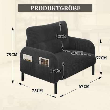 Fauteuil velours confortable siège profond structure solide pour salon accoudoirs avec poches latérales chambre et bureau. (1/5)