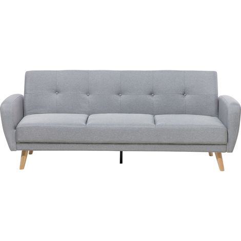Sofá cama tapizado en tela gris 3 plazas patas de madera estilo minimalista moderno Florli