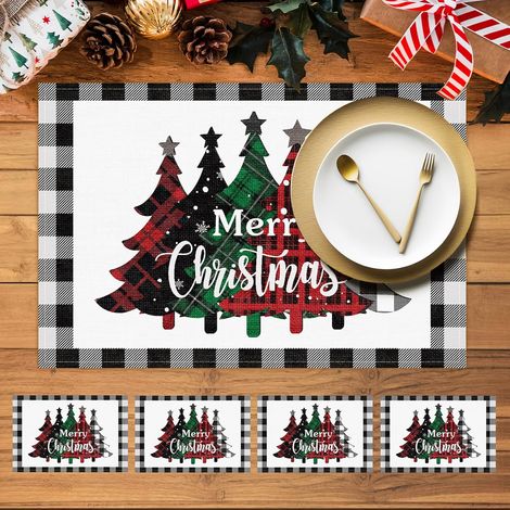 Ensemble de quatre sets de table de Noël, set de table hivernal à carreaux sapin de Noël (30 x 45 cm), décoration de table saisonnière pour les fêtes de Noël et la décoration intérieure. (1/5)