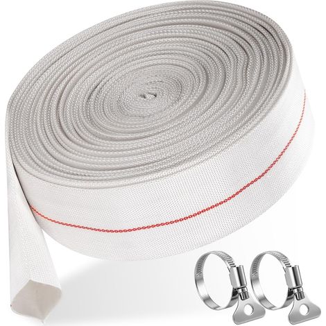 32mm Tuyau Refoulement Plat Tissu avec 2 Clips, Tuyau Incendie PVC, Conduite Eau Industriel pour Pompes Submersibles, Pompe Eau, Piscine, Puisard, Bassin Drainage, Irrigation Jardin (Blanc) (1/5)