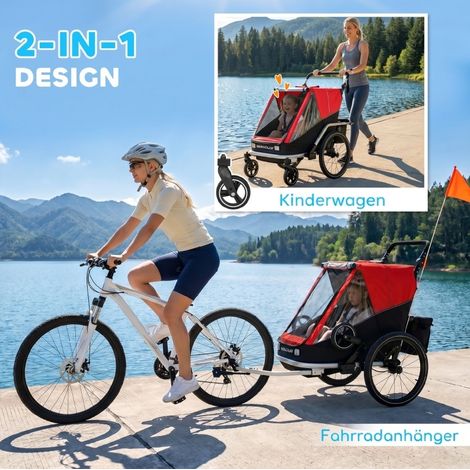 Remorque vélo enfant 2 places pliable 2-en-1 avec sièges réglables et harnais, rouge (1/5)