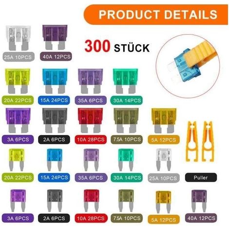 300 of of fuses for vehicles in a set of 2A to 40A, matching of fuses dishes for cars of 11+19 mm (1/4)