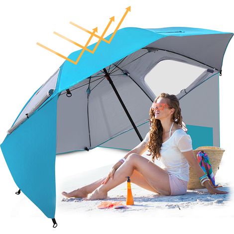 Jiubiaz Strandschirm 210 cm Sonnenschirm mit UV Schutz 50+, neigbar mit Erdspieß und Tragetasche, wasserabweisender Gartenschirm für Strand, Garten & Balkon – Himmelblau