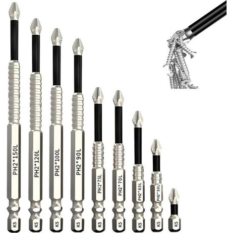 9 Pièces Embout Visseuse Aimanté Magnétique Embout Visseuse Long Multifonction Tournevis Torx 25/50/65/70/75/90/100/120/150 cm Embouts Torx Antidérapant pour Perceuse Électrique (1/4)
