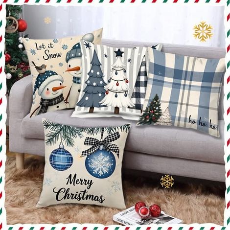 Ensemble de 4 taies d'oreiller de Noël bonhomme de neige, housse de coussin décorative en peluche à poils courts pour canapé, décoration de Noël, taie d'oreiller de Noël (1/4)