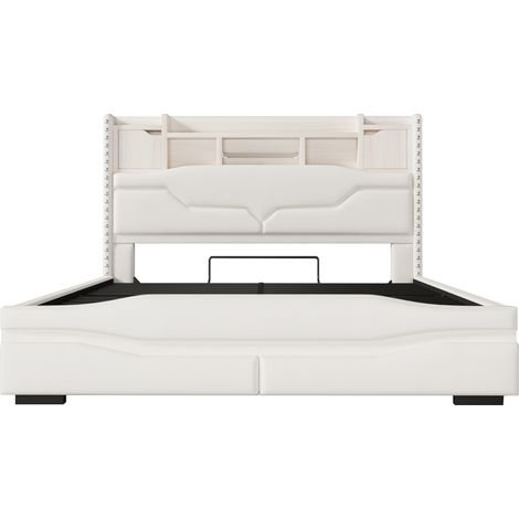 Polsterbett mit Stauraum 160x200 cm beige, Leinen und MDF, LED, USB und Steckdose (1/5)