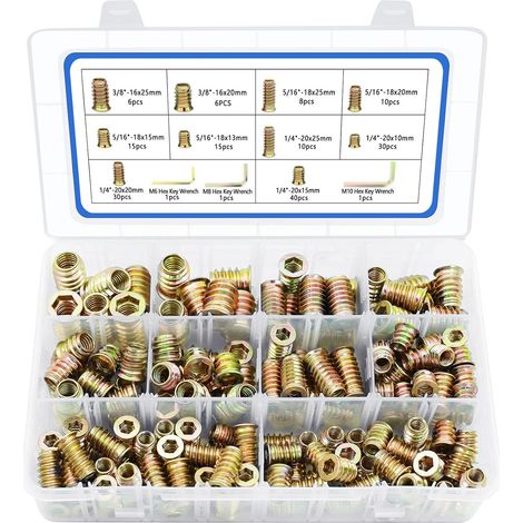 Inserts filetés bois – Lot de 170, 10 tailles – 1/4"-20, 5/16"-18, 3/8"-16 – Acier, 3 clés hexagonales – Meuble (1/5)