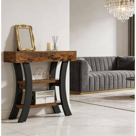 Tavolo consolle in MDF e metallo nero/marrone rustico 105 cm con 3 ripiani (1/5)