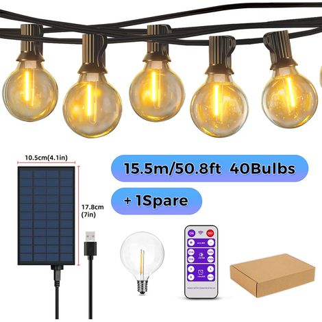 (15,5 m, 41 ampoules) Guirlande lumineuse solaire d'extérieur, lampes de jardin G40, résistante aux intempéries, convient aux cours arrière. (1/5)